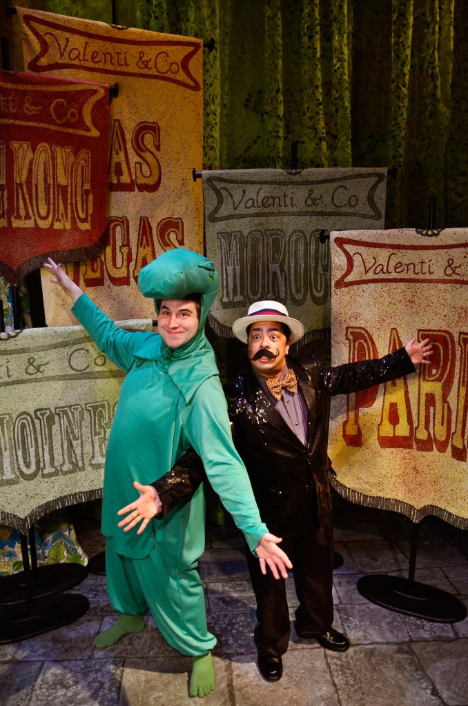 Lyle (Anthony Kayer, left) and Hector P. Valenti, Star of Stage and Screen (Linsey Falls, right), tour the world with their new musical act; in Lifeline Theatre’s world premiere musical, “Lyle Finds His Mother,” adapted by Jessica Wright Buha, music and lyrics by Michael James Brooks, and directed by Dorothy Milne; based on the beloved children’s book by Bernard Waber; runs March 22, 2014, through April 27, 2014. Lifeline Theatre is located at 6912 N. Glenwood Ave. Chicago, IL 60626. For tickets call the box office at 773-761-4477 or visit www.lifelinetheatre.com. Photo by Suzanne Plunkett.