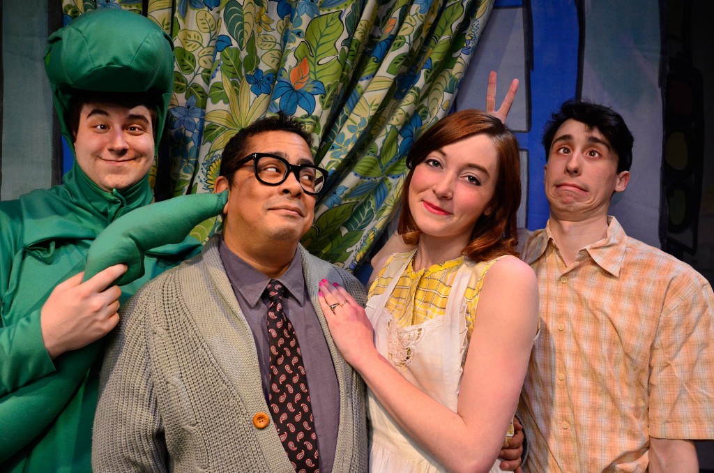 Lyle (Anthony Kayer, left) poses for a portrait with his human family: (L to R) Mr. Primm (Linsey Falls), Mrs. Primm (Erin O’Shea), and Joshua (Brian Tochterman Jr.); in Lifeline Theatre’s world premiere musical, “Lyle Finds His Mother,” adapted by Jessica Wright Buha, music and lyrics by Michael James Brooks, and directed by Dorothy Milne; based on the beloved children’s book by Bernard Waber; runs March 22, 2014, through April 27, 2014. Lifeline Theatre is located at 6912 N. Glenwood Ave. Chicago, IL 60626. For tickets call the box office at 773-761-4477 or visit www.lifelinetheatre.com. Photo by Suzanne Plunkett.